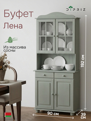 Шкаф витрина 90х39х192, Лена, распашной двухдверный стеклянный для посуды, буфет для кухни, массив сосны, зеленый эвкалипт, Dipriz