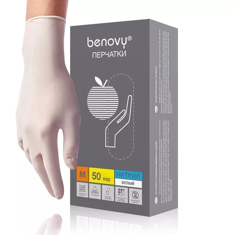 Перчатки Benovy р.М  (50 пар) нитриловые Белые тестурированные на пальцах