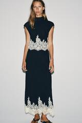 ZARA КОМБИНИРОВАННАЯ ЮБКА МИДИ С КРУЖЕВОМ, ТЕМНО-СИНИЙ/БЕЛЫЙ