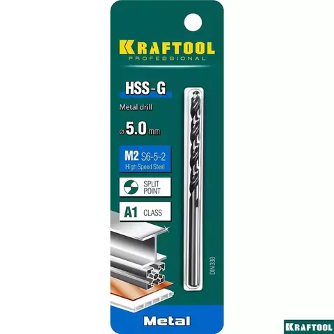 KRAFTOOL HSS-G, 5.0 х 86 мм, сталь P6M5, сверло по металлу (29651-5)