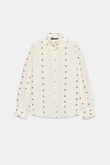 ZARA БЛУЗА С ЦВЕТОЧНЫМ ЖАККАРДОВЫМ УЗОРОМ И ВОЛАНАМИ, ЭКРЮ/КРАСНЫЙ