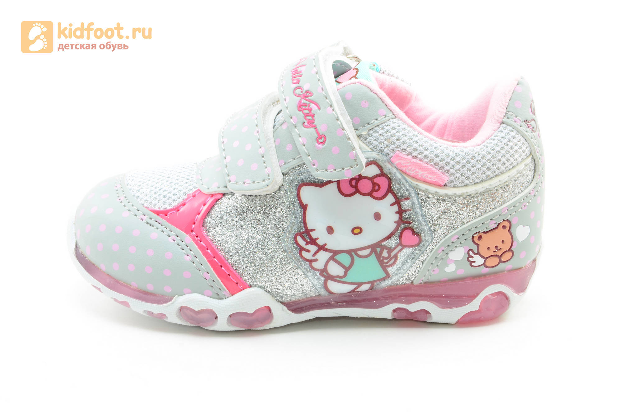 Светящиеся кроссовки для девочек Хелло Китти (Hello Kitty) на липучках, цвет серый, мигает картинка сбоку