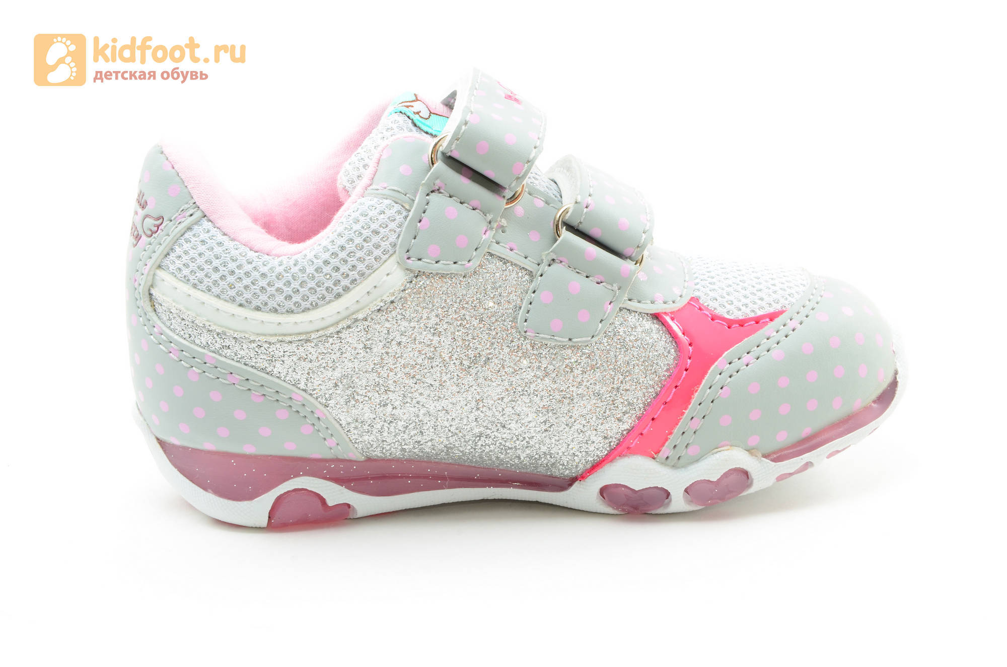 Светящиеся кроссовки для девочек Хелло Китти (Hello Kitty) на липучках, цвет серый, мигает картинка сбоку