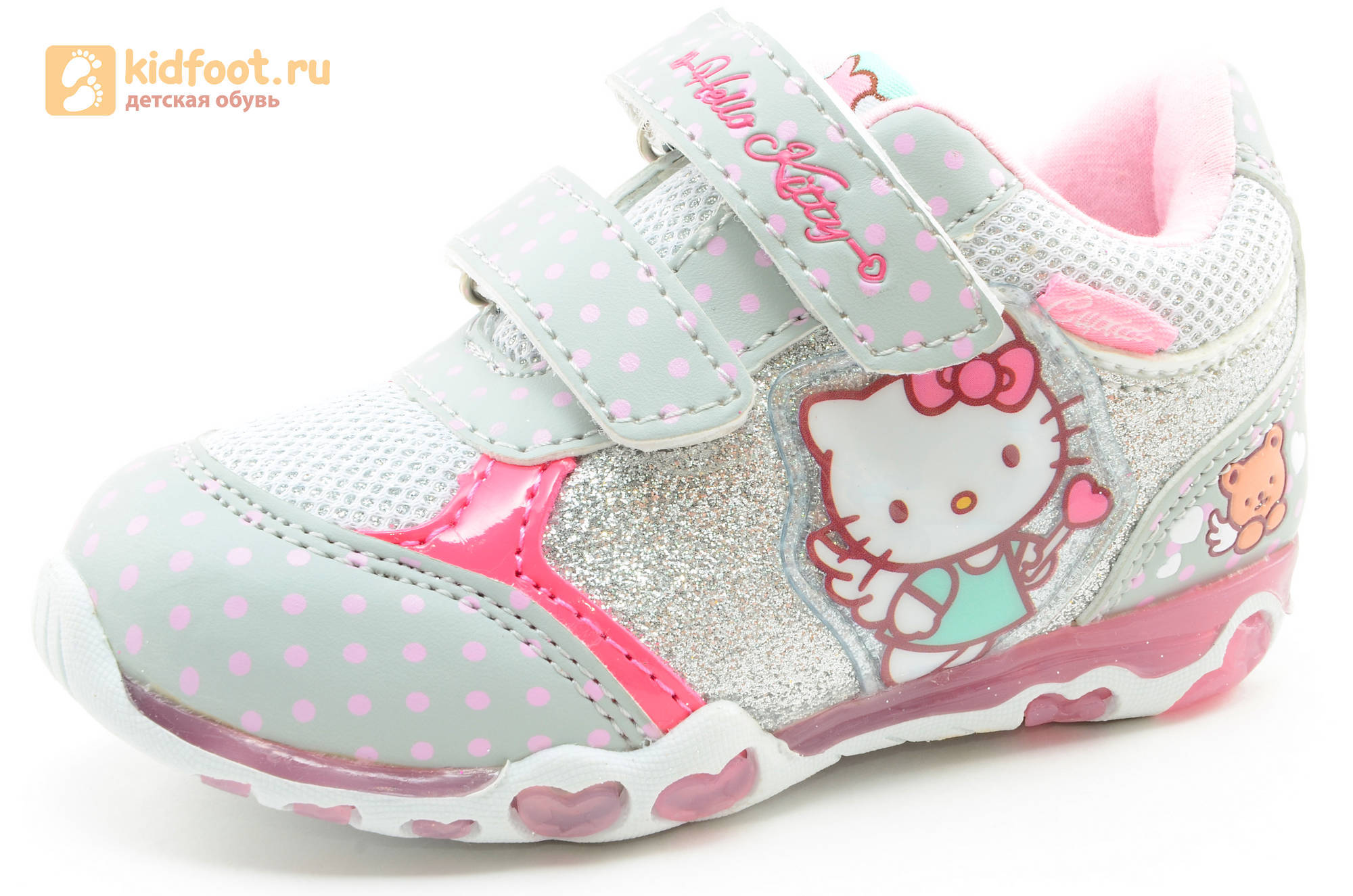 Светящиеся кроссовки для девочек Хелло Китти (Hello Kitty) на липучках, цвет серый, мигает картинка сбоку