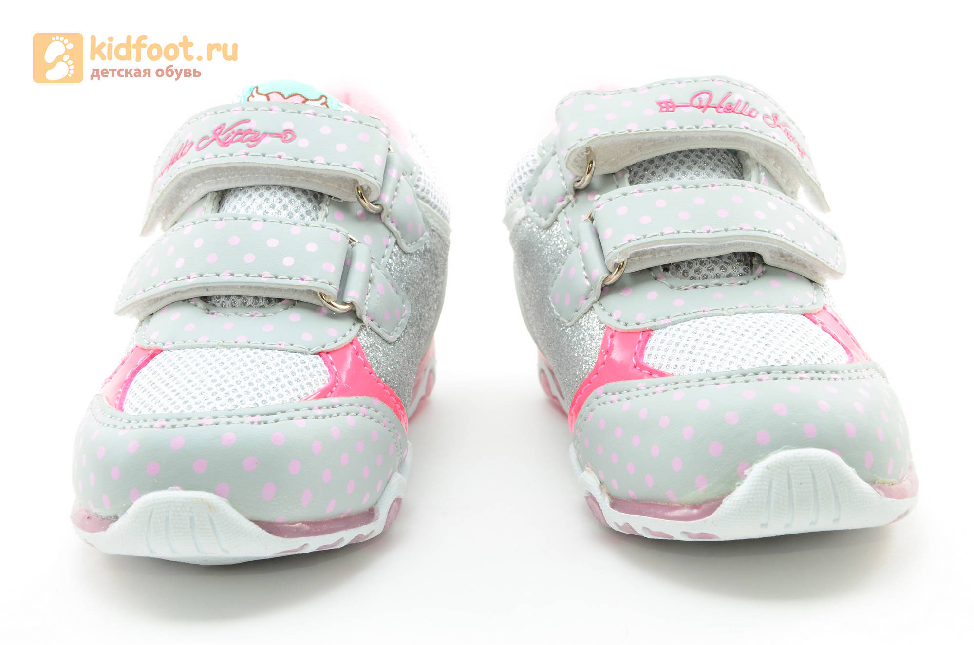 Светящиеся кроссовки для девочек Хелло Китти (Hello Kitty) на липучках, цвет серый, мигает картинка сбоку