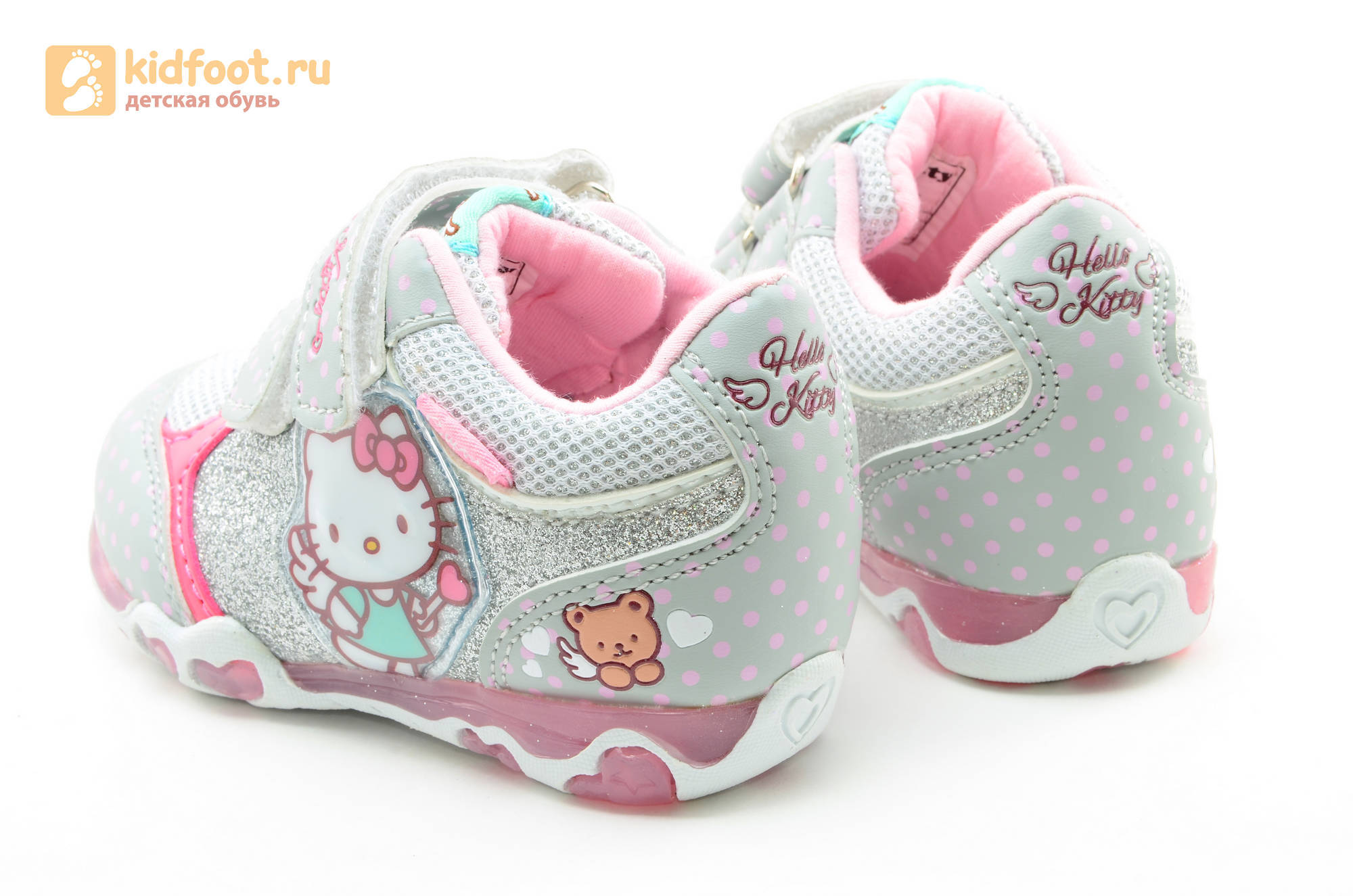 Светящиеся кроссовки для девочек Хелло Китти (Hello Kitty) на липучках, цвет серый, мигает картинка сбоку