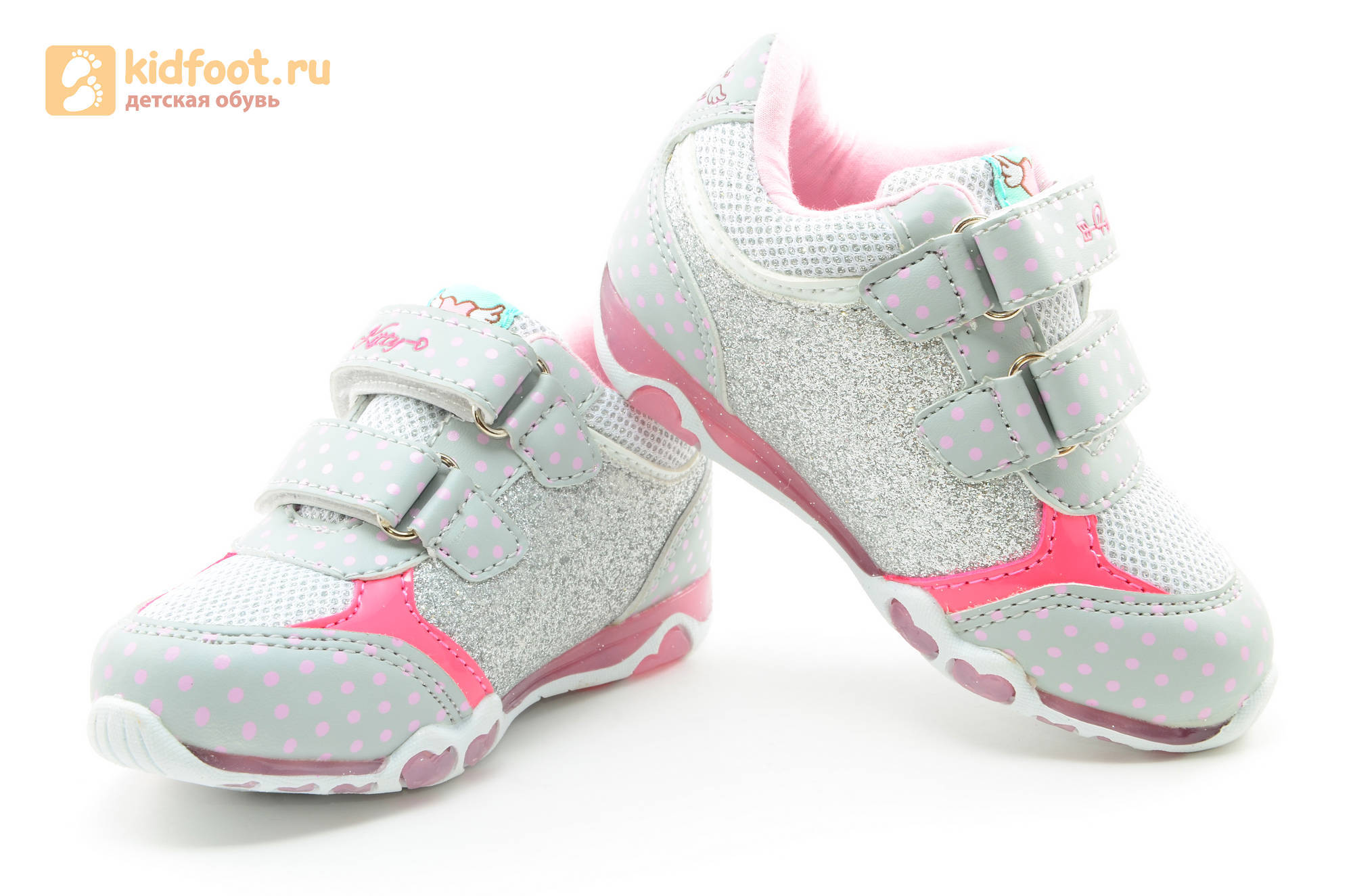 Светящиеся кроссовки для девочек Хелло Китти (Hello Kitty) на липучках, цвет серый, мигает картинка сбоку
