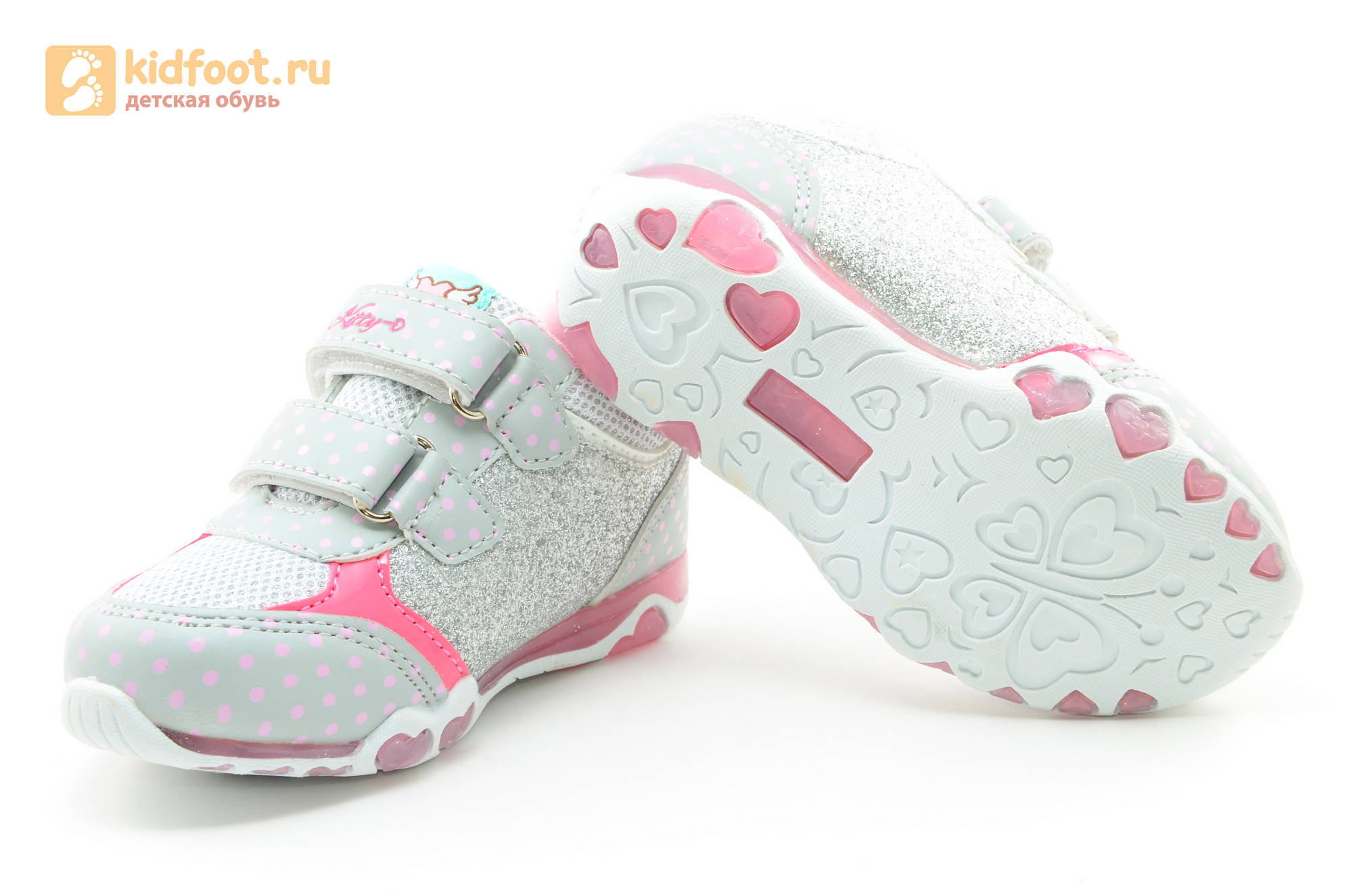 Светящиеся кроссовки для девочек Хелло Китти (Hello Kitty) на липучках, цвет серый, мигает картинка сбоку