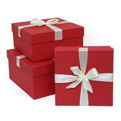Коробка одиночная, Квадрат, с бантом тиснение Рогожка, Красный, 17*17*7 см, 1 шт.