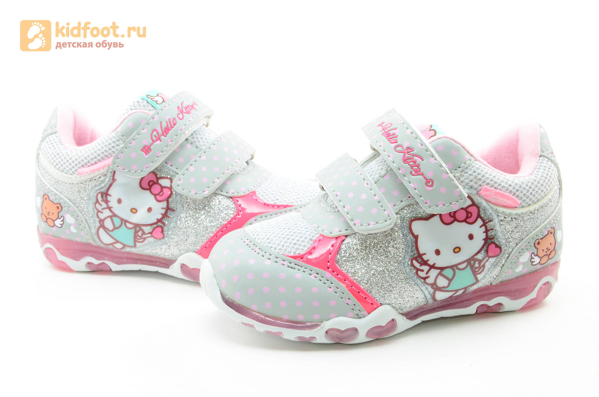 Светящиеся кроссовки для девочек Хелло Китти (Hello Kitty) на липучках, цвет серый, мигает картинка сбоку