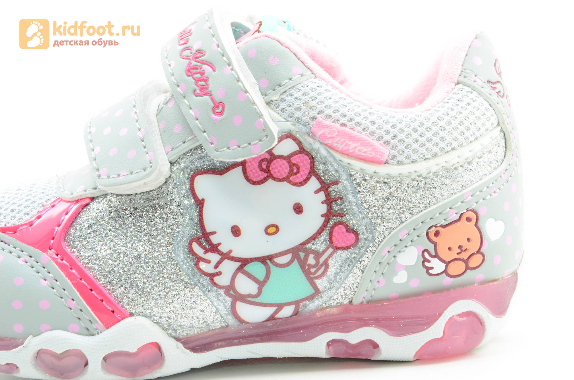 Светящиеся кроссовки для девочек Хелло Китти (Hello Kitty) на липучках, цвет серый, мигает картинка сбоку