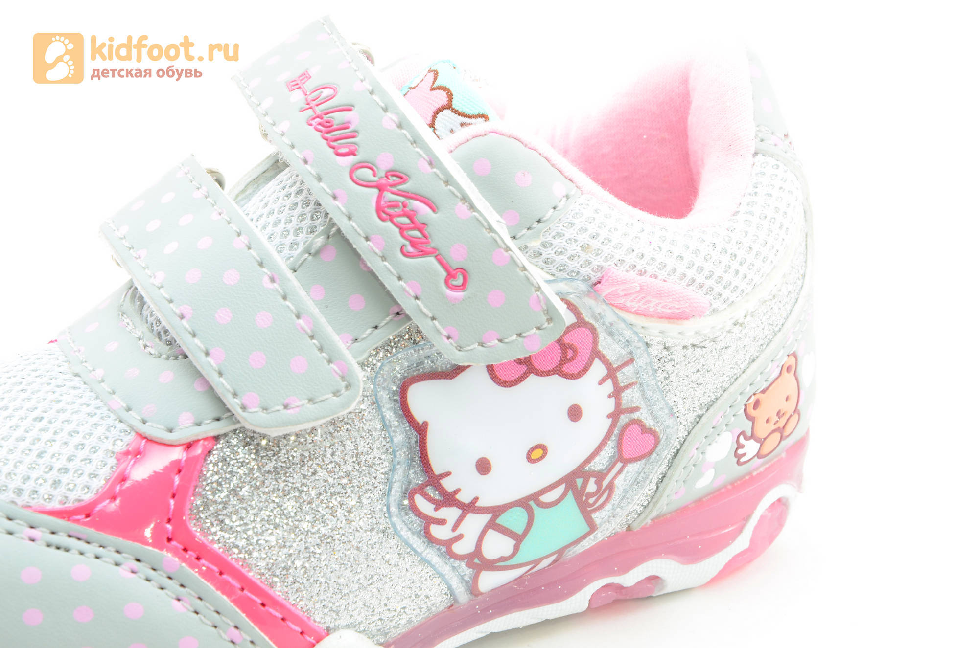 Светящиеся кроссовки для девочек Хелло Китти (Hello Kitty) на липучках, цвет серый, мигает картинка сбоку
