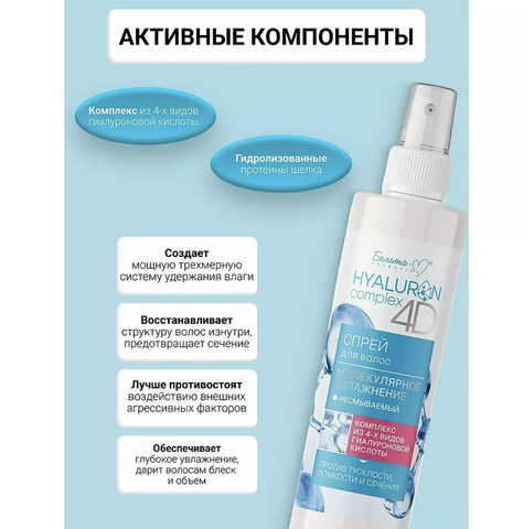 Hyaluron complex 4D Спрей для волос несмываемый Молекулярное Увлажнение 150мл — фото 3