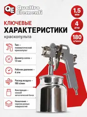 Краскопульт пневматический QUATTRO ELEMENTI с нижним бачком 750 мл, сопло 1,5 мм, разъем (770-827)