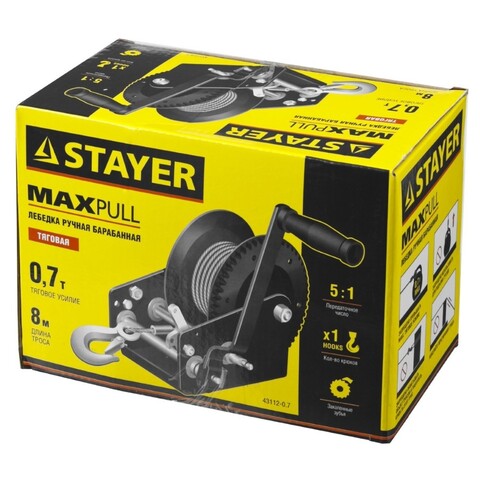 STAYER MAXPull, 0.7 т, 8 м, ручная барабанная тросовая лебедка (43112-0.7)