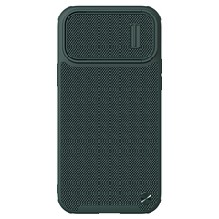 Текстурный чехол зеленого цвета (Dark Green) для iPhone 13 Pro Max от Nillkin, серия Textured Case S (покрытие нейлонового волокна), полуавтоматическая механизм сдвижной шторки