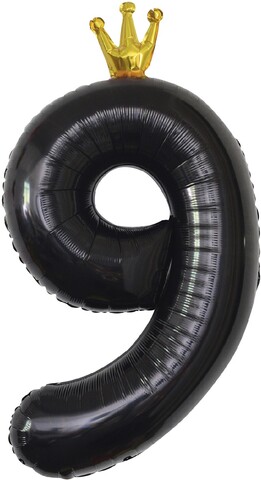 Шар (40''/102 см) Цифра, 9 Золотая корона, Черный