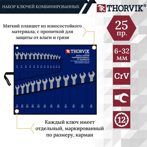 Thorvik CWS0025 Набор ключей гаечных комбинированных в сумке, 6-32 мм, 25 предметов 52049