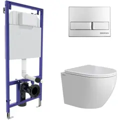 Berges 43386 Комплект : инсталляция NOVUM кнопка L3 хром глянец, унитаз OKUS Rimless 49 см, сиденье дюропласт микролифт, быстросъём фото