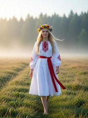 Славяночка. Платье льняное, белое в этностиле с вышивкой PL-422611