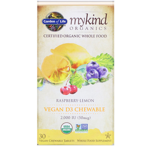Garden of Life, MyKind Organics, веганский витамин D3, со вкусом малины и лимона, 2000 МЕ, 30 вегетарианских жевательных таблеток