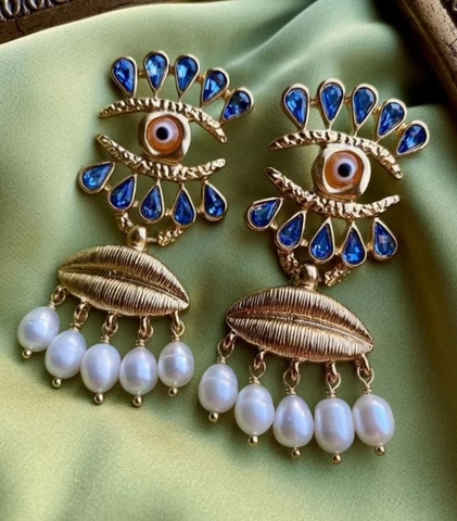 Длинные серьги в стиле Schiaparelli с голубыми/белыми каплями и подвесками из жемчуга