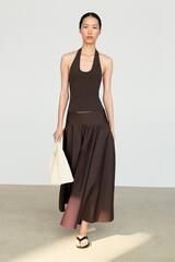 Massimo Dutti Миди-юбка с оборками и кокеткой, коричневый