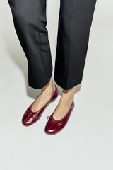 ZARA КОЖАНЫЕ БАЛЕТКИ С БАНТОМ, БОРДОВО-КРАСНЫЙ