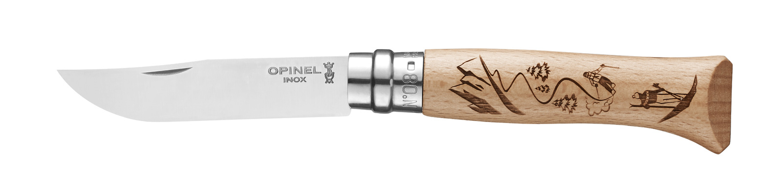 Нож Opinel №8 Alpine adventures, нержавеющая сталь, рукоять дуб, гравировка лыжи