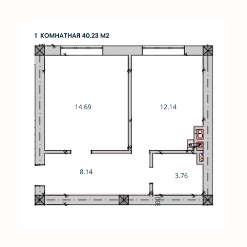 1-комн. квартира, 40,23 м²; 1/3 этаж