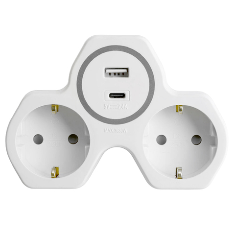 Разветвитель сетевой на 2 выхода + 2 выхода USB, с/з,, белый/серый