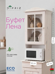 Шкаф витрина, 48х28х105, Лена, стеклянная для посуды, с полками (верхняя часть буфета Лена), белый, массив сосны, Dipriz