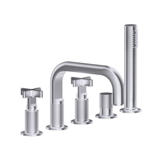 Gessi Inciso 58140#149 Смеситель для ванны на 5 отверстий с изливом, переключателем, ручным душем и шлангом 1,50 м, цвет: finox