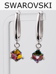 Серьги-подвески Миражи с зеленым кубиком Swarovski