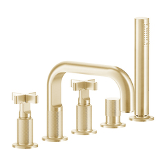 Gessi Inciso 58140#246 Смеситель для ванны на 5 отверстий с изливом, переключателем, ручным душем и шлангом 1,50 м, цвет: золото фото