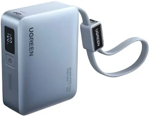 Внешний аккумулятор UGREEN PB584 (75173B) Fast Charging 10000mAh USB-C/USB-A 33W со встроенным кабелем USB-C Power Bank (CCC),  голубой