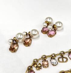 Серьги-пусеты диорки (жемчуг) DIOR двухсторонние с розовой подвеской