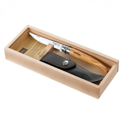 Филейный нож Opinel №10, нержавеющая сталь, рукоять оливковое дерево, чехол, деревянный футляр