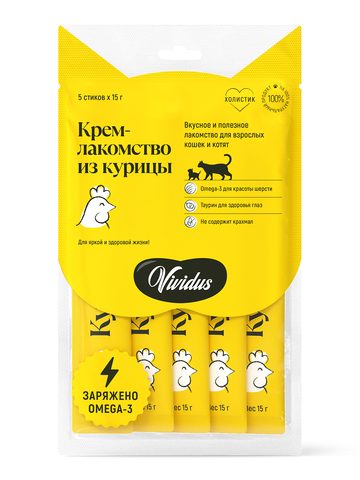 Vividus крем-лакомство для кошек и котят с курицей, стики - 5 шт