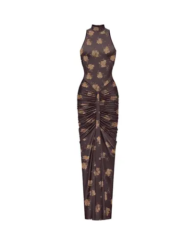 Иви макси (Ivy maxi), платье макси из шоколадного бифлекса с цветочным принтом