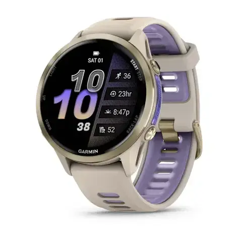 Forerunner 970 Soft Gold Titanium with French Gray Case and French Gray/Translucent Indigo Band