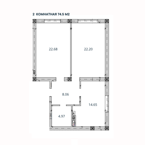 2-комн. квартира, 74,5 м²; 2,3 этажи