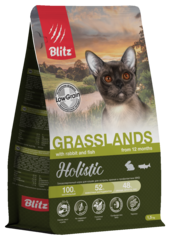 Сухой корм для кошек Blitz Holistic Grasslands Rabbit & Fish Adult Cat низкозерновой, индейка и кролик 1,5 кг