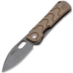 Фото Нож складной Boker Plus Serge Panchenko Design Gust, сталь D2 Stonewash Plain, рукоять нержавеющая сталь, золотой цвет, 01BO082