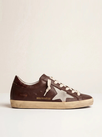 Super Star in brown nappa with croc-print heel tab