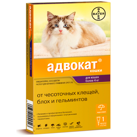 Bayer Адвокат антипаразитарный препарат для кошек массой от 4 до 8 кг 0,8 мл 1 пипетка