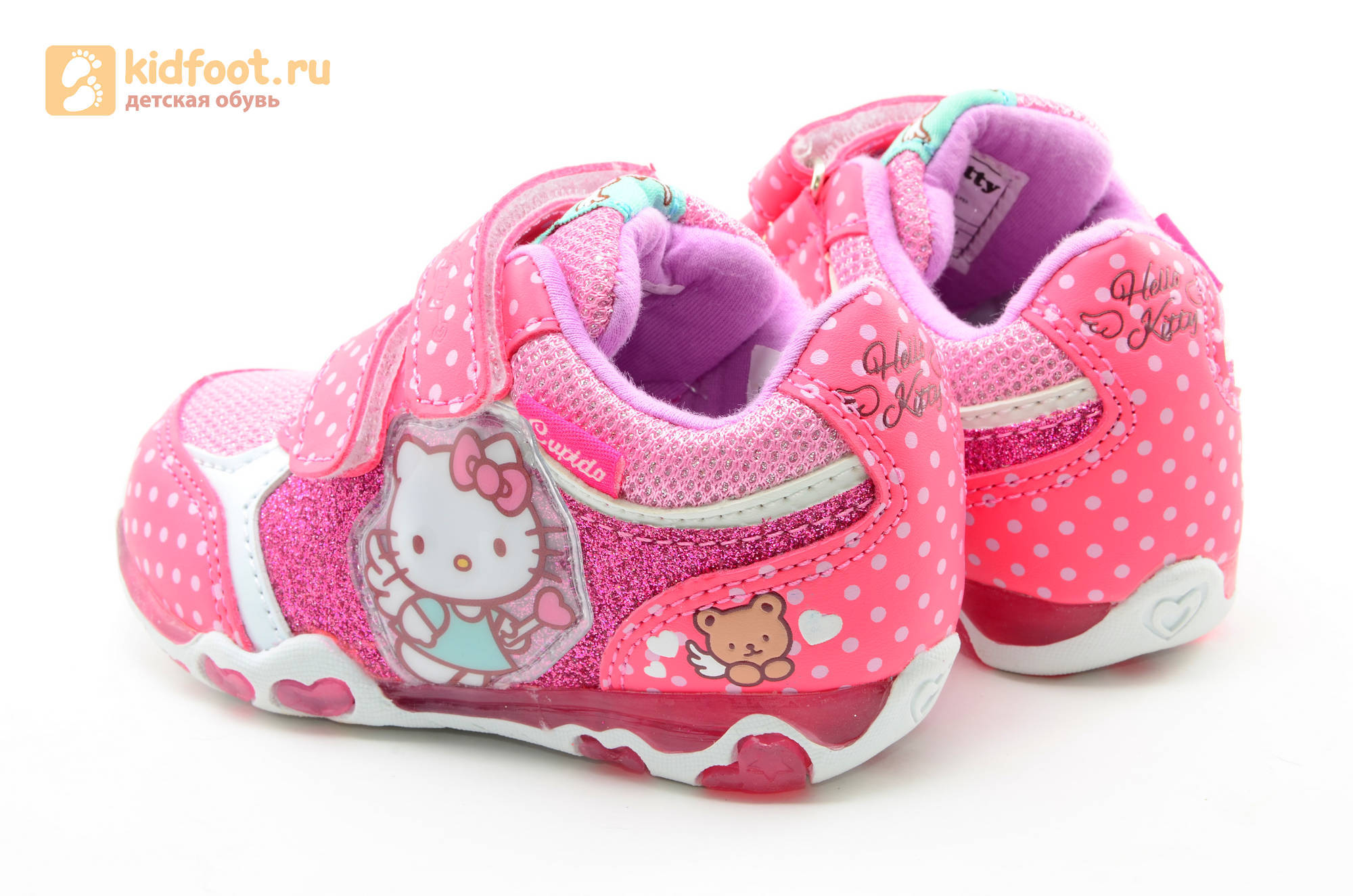 Светящиеся кроссовки для девочек Хелло Китти (Hello Kitty) на липучках, цвет розовый, мигает картинка сбоку