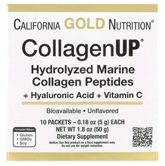 California gold nutrition, CollagenUp, гидролизованные пептиды морского коллагена с гиалуроновой кислотой и с витамином С, без ароматизаторов, 10 пакетиков по 0,18 унции (5 г) каждый