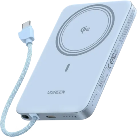 Внешний аккумулятор UGREEN PB570 (65839B) MagFlow Air тонкий 30W Magnetic 10000mAh и кабель, серебристо-голубой