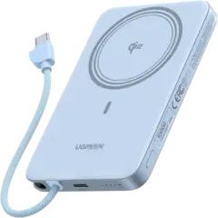 Внешний аккумулятор UGREEN PB570 (65839B) MagFlow Air тонкий 30W Magnetic 10000mAh и кабель, серебристо-голубой